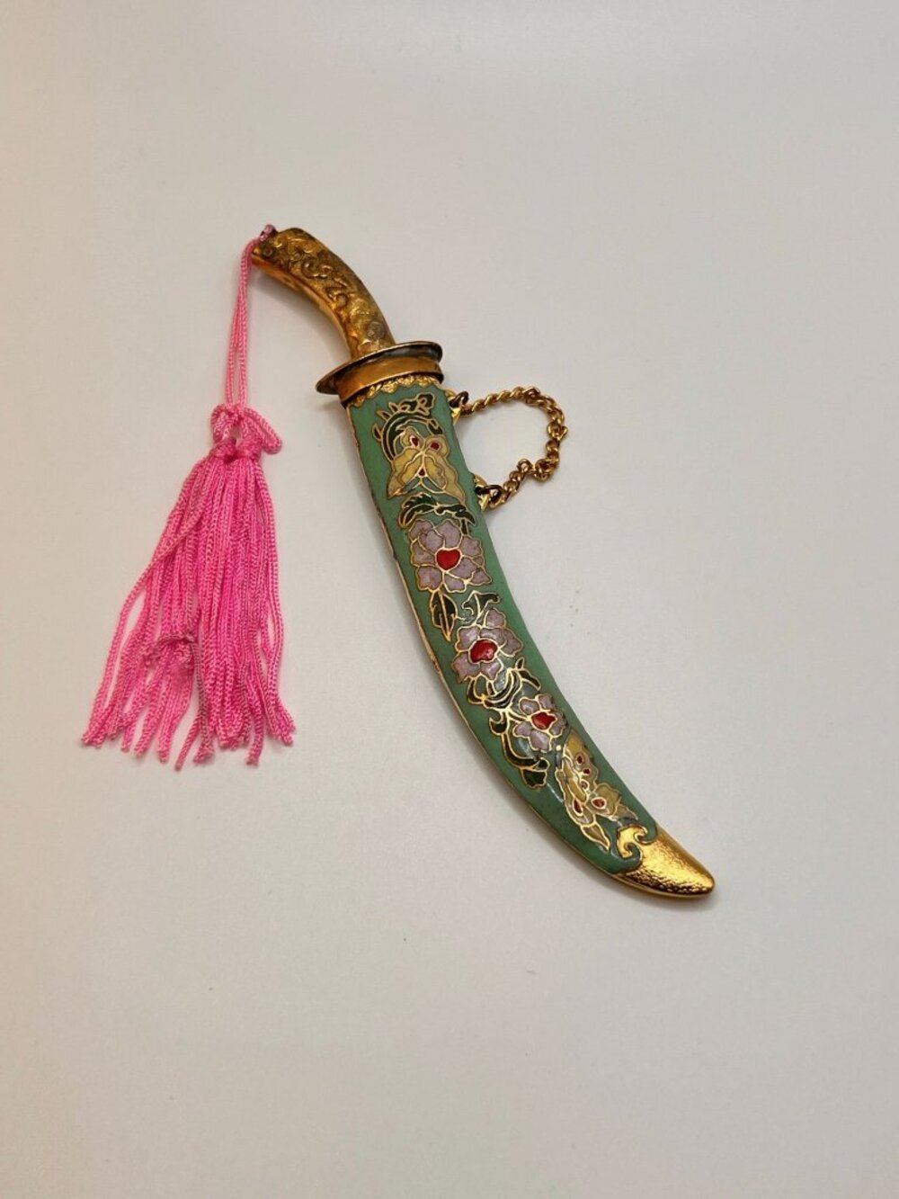 Vintage Miniature Sword Letter Opener Green Floral Gold Tone Pink Tassel